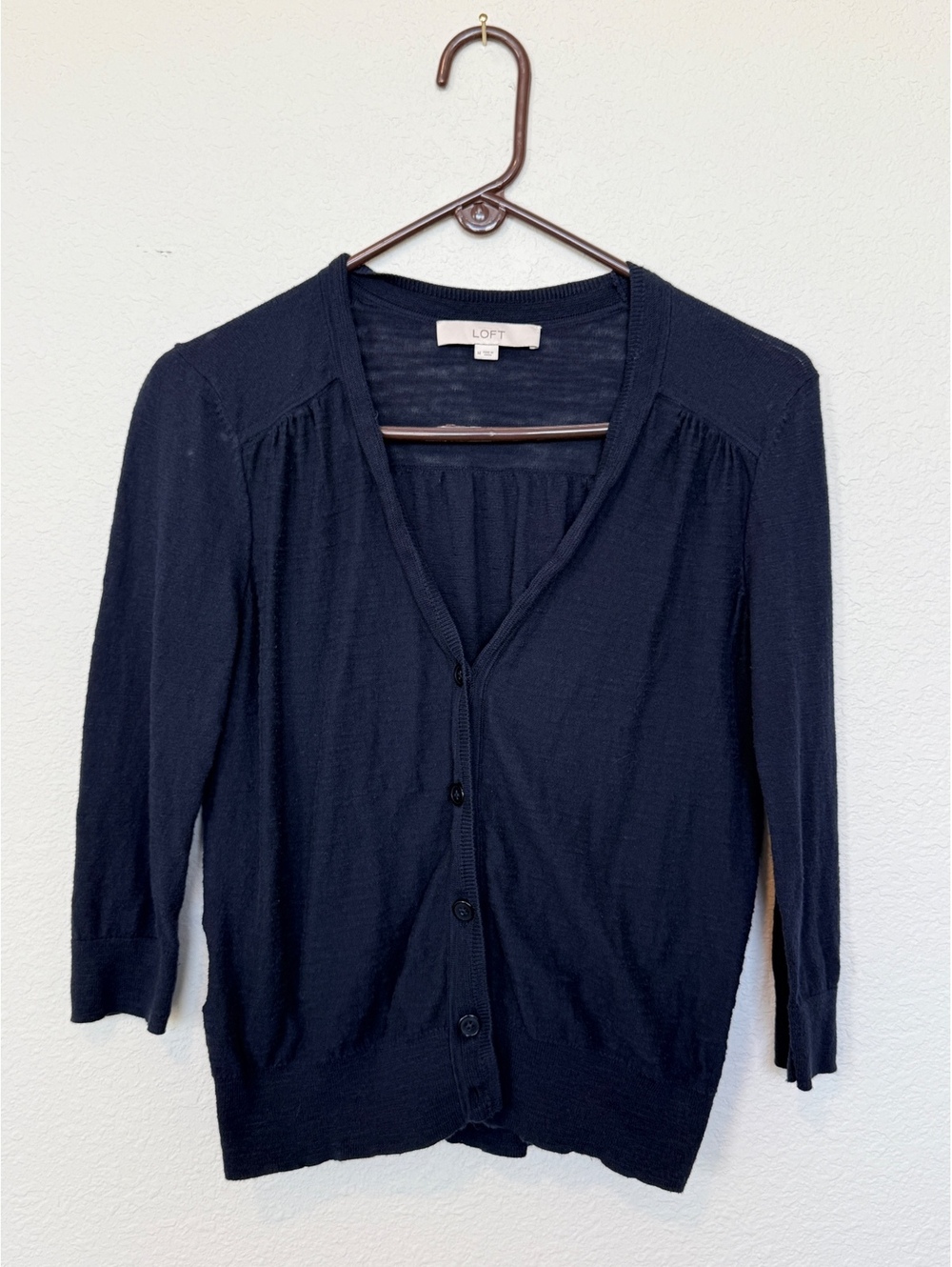 LOFT Ann Taylor Black Cardigan Sweater Womens Medium 3/4 Sleeve Button Front